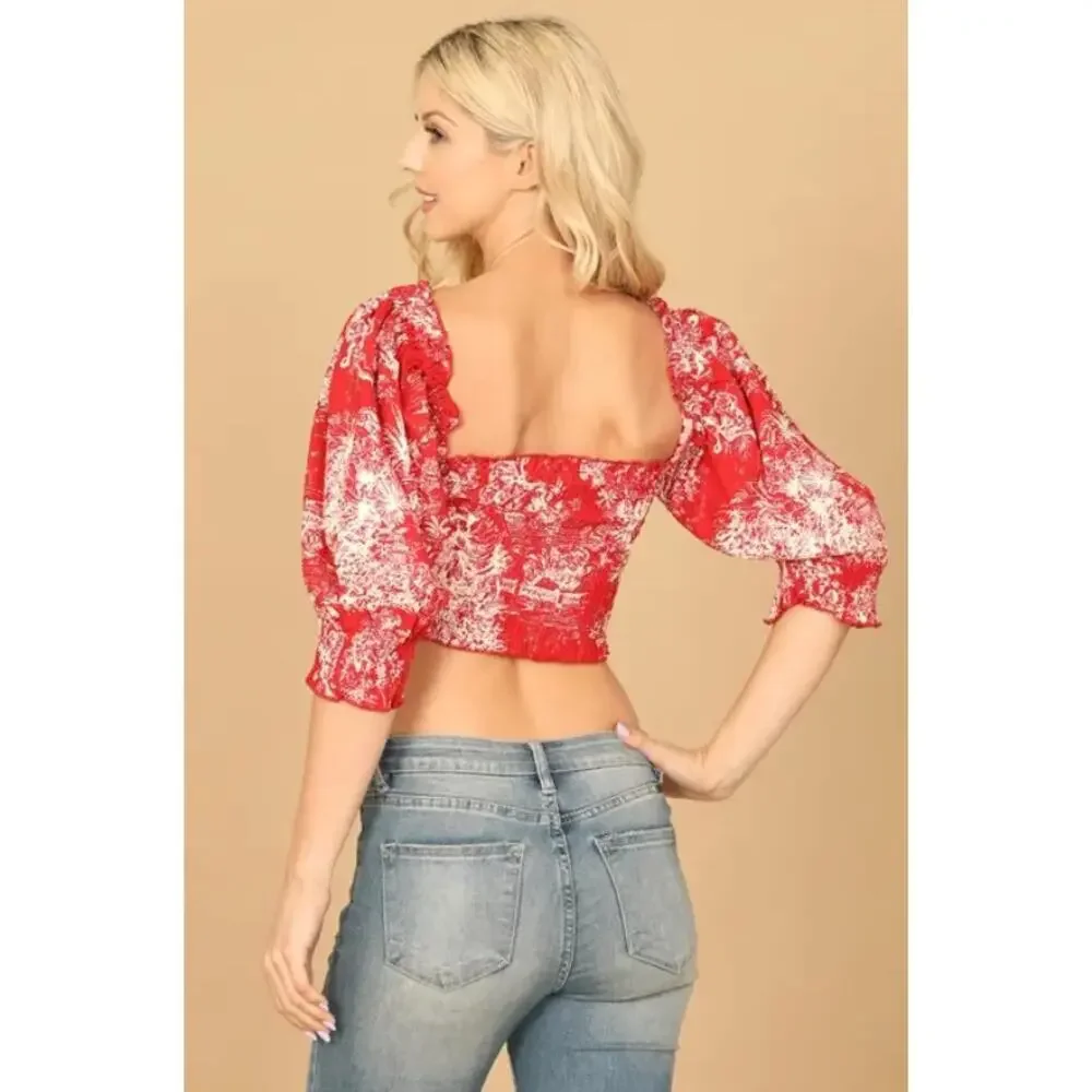 Red Toile Print Smocked Cottagecore Crop Top Puff Sleeve Size Medium - Picture 4 of 6
